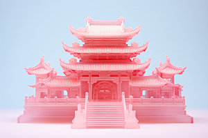 粉色玻璃建筑时尚中式建筑模型