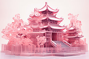 粉色玻璃建筑中国风时尚模型