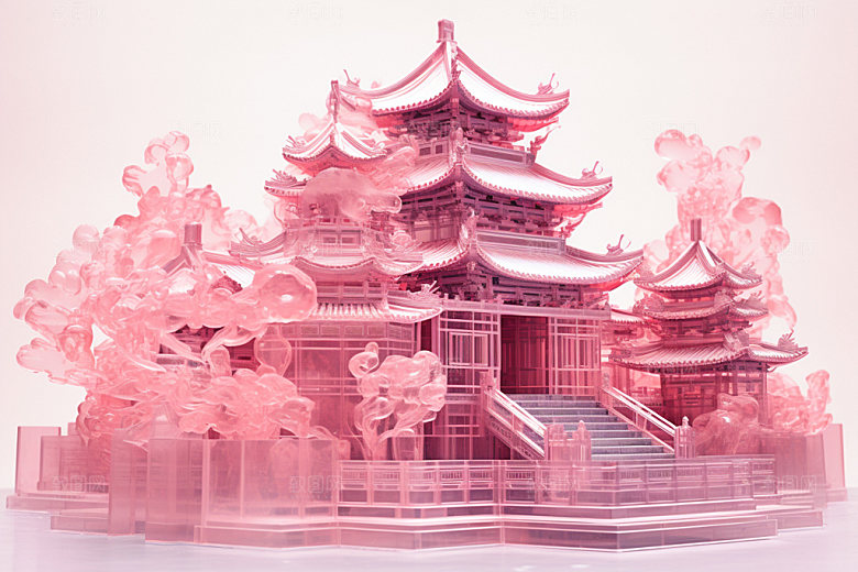 粉色玻璃建筑中国风时尚模型