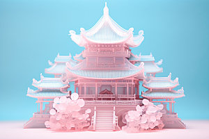 粉色玻璃建筑新中式时尚模型