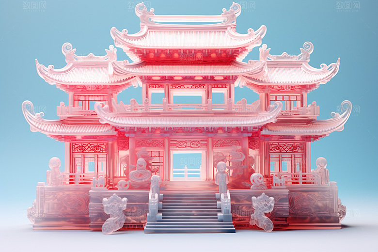 粉色玻璃建筑艺术中式建筑模型