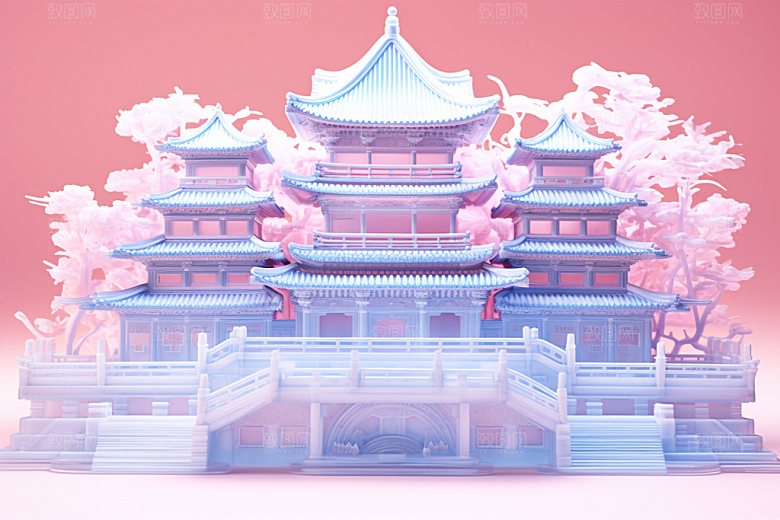 粉色玻璃建筑时尚艺术模型