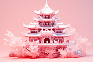 粉色玻璃建筑立体新中式模型