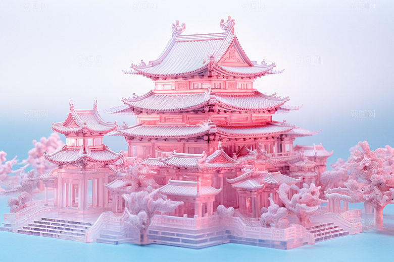 粉色玻璃建筑新中式立体模型