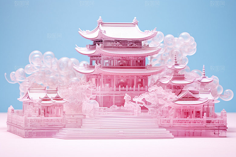 粉色玻璃建筑通透时尚模型