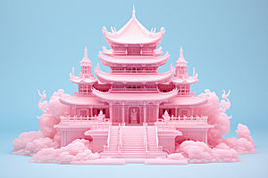 粉色玻璃建筑中国风时尚模型