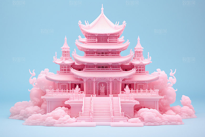 粉色玻璃建筑中国风时尚模型