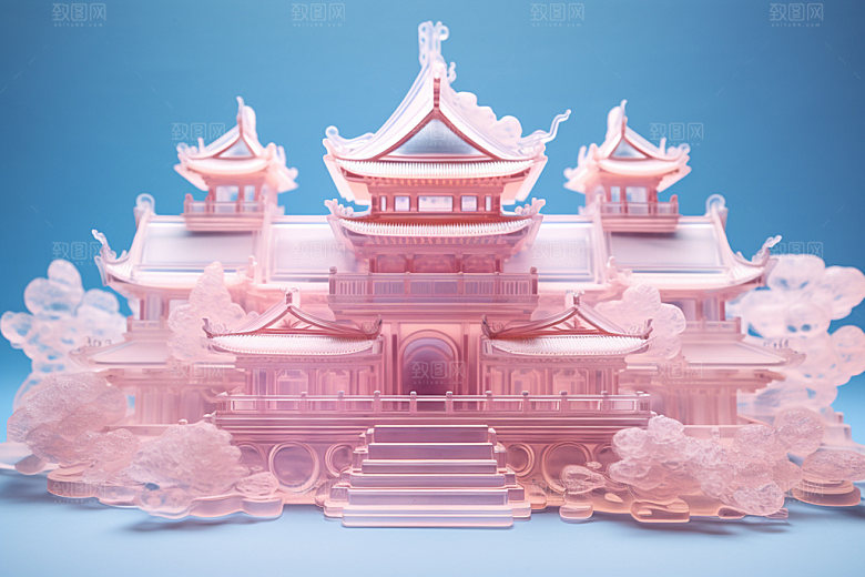粉色玻璃建筑中国风时尚模型