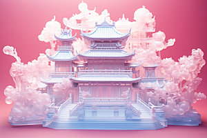 粉色玻璃建筑立体中国风模型