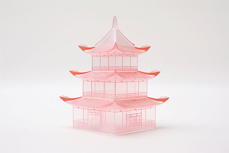 粉色玻璃建筑立体中国风模型