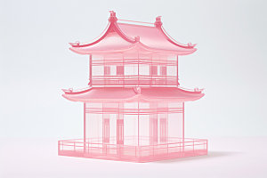 粉色玻璃建筑立体中式建筑模型