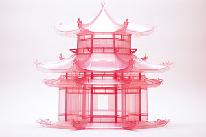 粉色玻璃建筑艺术新中式模型