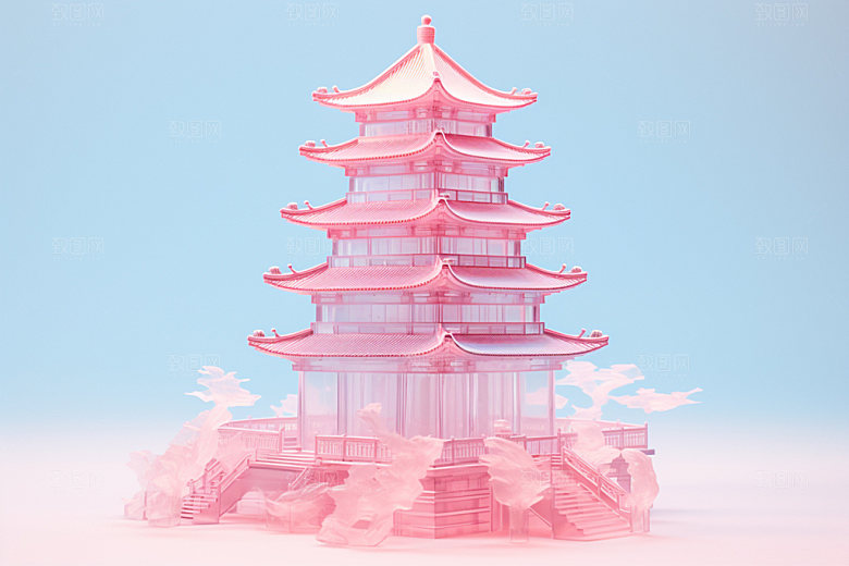 粉色玻璃建筑3D通透模型