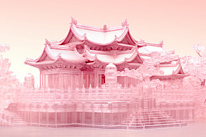 粉色玻璃建筑中国风新中式模型