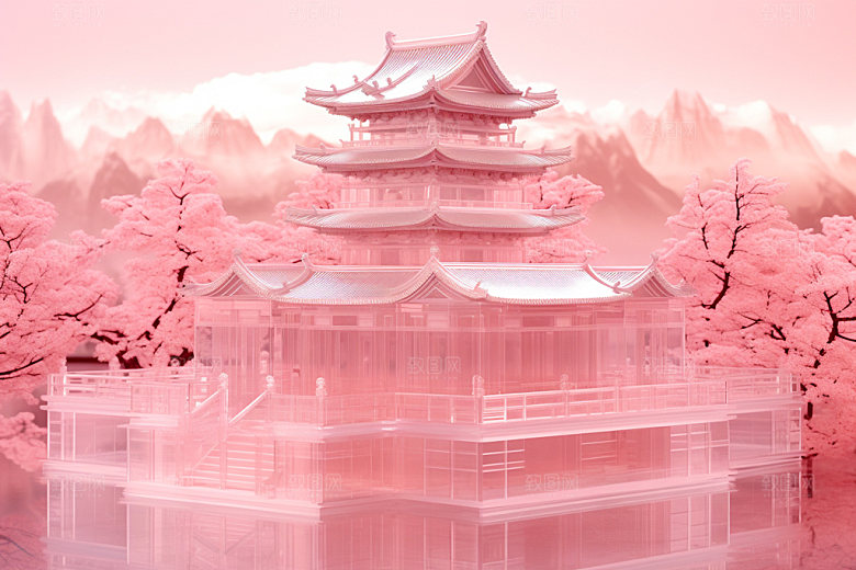 粉色玻璃建筑新中式3D模型