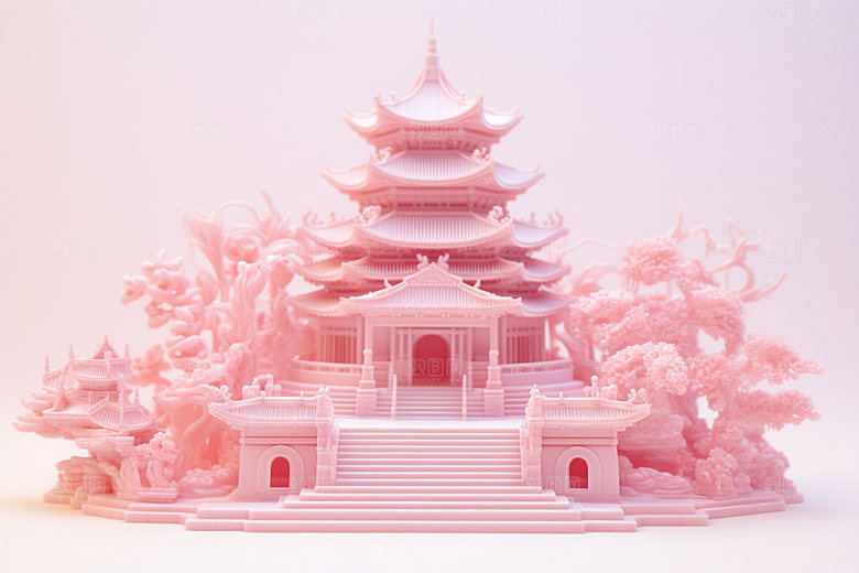 粉色玻璃建筑3D艺术模型