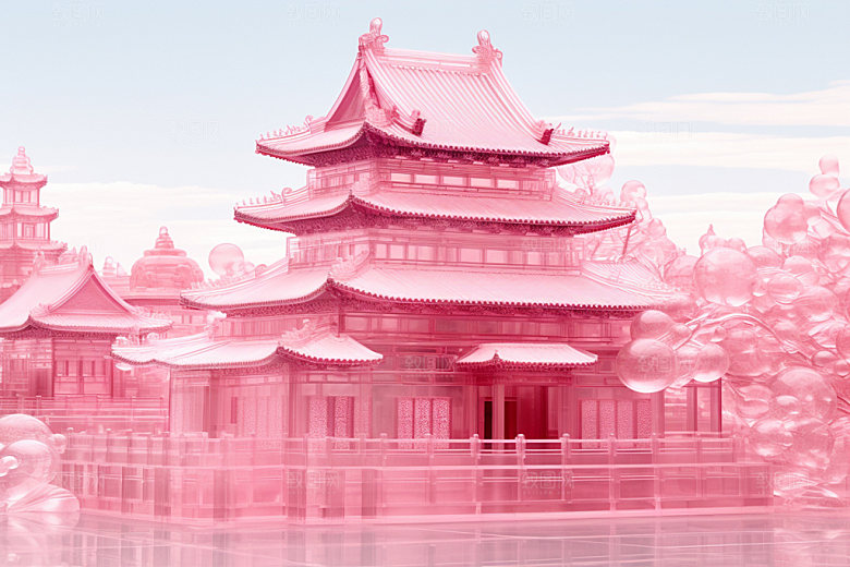 粉色玻璃建筑新中式立体模型