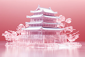 粉色玻璃建筑中式建筑艺术模型
