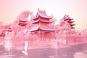 粉色玻璃建筑新中式中国风模型