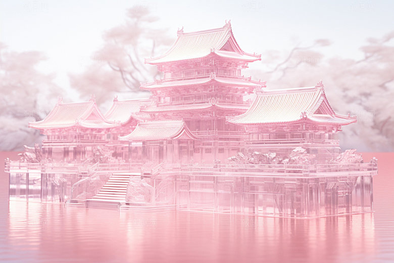 粉色玻璃建筑中式建筑唯美模型