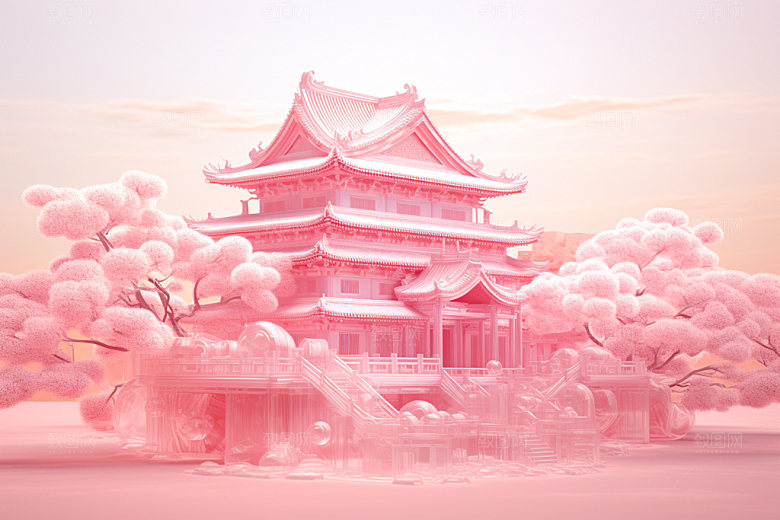 粉色玻璃建筑立体3D模型