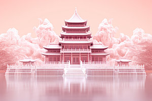 粉色玻璃建筑唯美中式建筑模型