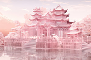 粉色玻璃建筑新中式中国风模型