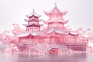 粉色玻璃建筑中式建筑通透模型
