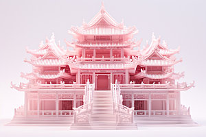 粉色玻璃建筑唯美中式建筑模型