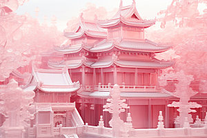 粉色玻璃建筑立体唯美模型