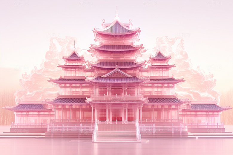 粉色玻璃建筑艺术中国风模型