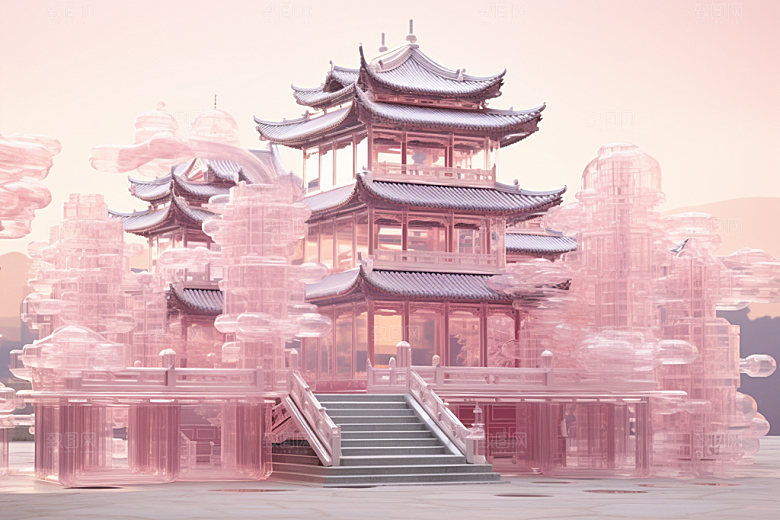 粉色玻璃建筑立体唯美模型