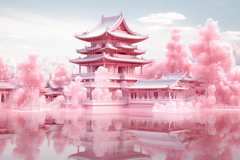 粉色玻璃建筑唯美时尚模型