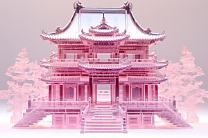 粉色玻璃建筑3D通透模型