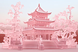 粉色玻璃建筑艺术中国风模型