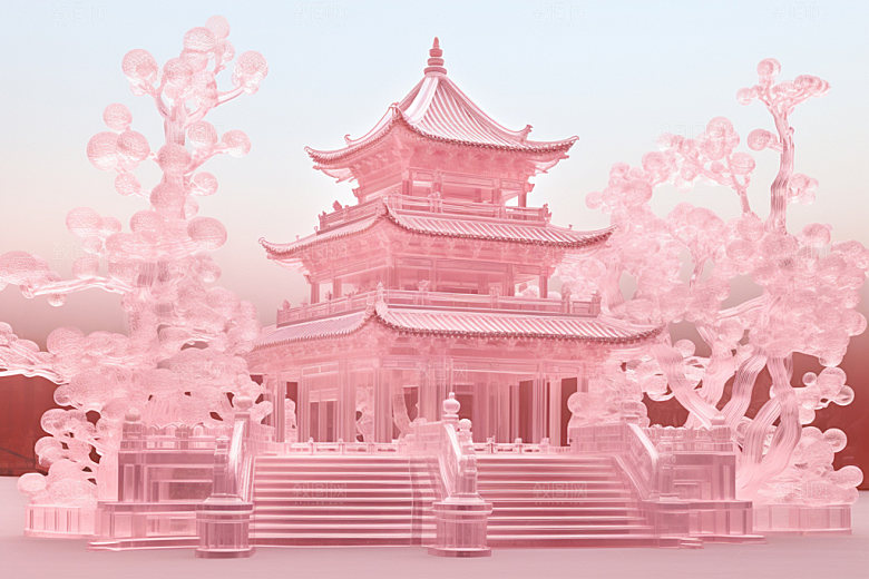 粉色玻璃建筑艺术中国风模型