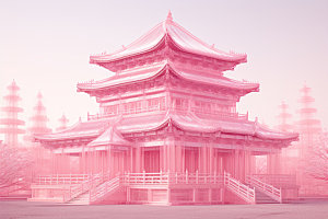 粉色玻璃建筑时尚新中式模型
