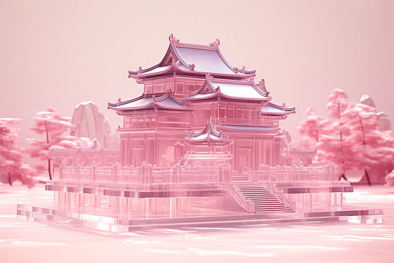 粉色玻璃建筑3D中式建筑模型