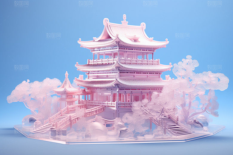 粉色玻璃建筑立体艺术模型