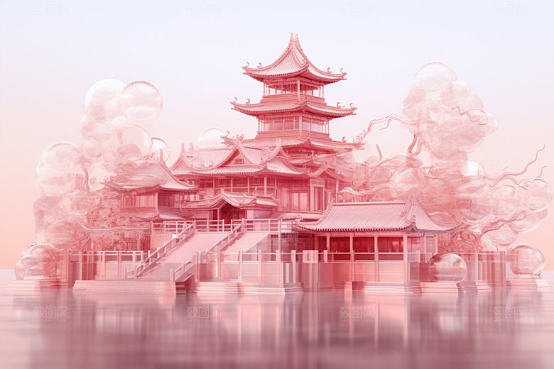 粉色玻璃建筑时尚立体模型