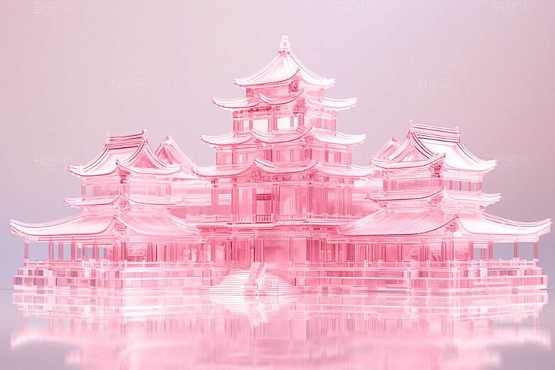 粉色玻璃建筑中式建筑中国风模型