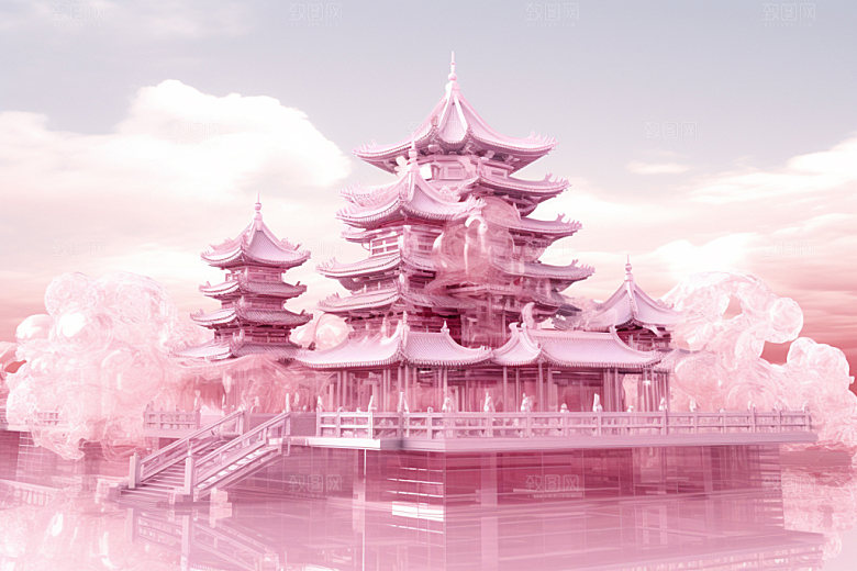 粉色玻璃建筑中式建筑3D模型