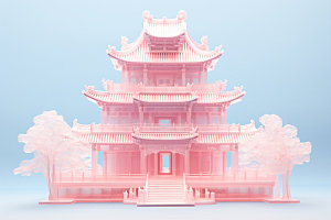 粉色玻璃建筑立体时尚模型