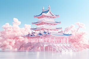 粉色玻璃建筑艺术中式建筑模型