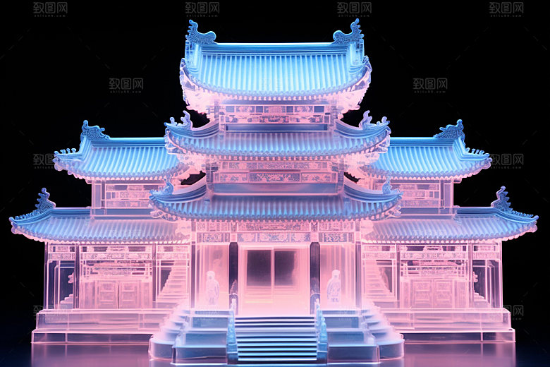 粉色玻璃建筑中式建筑立体模型