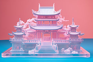 粉色玻璃建筑通透中国风模型