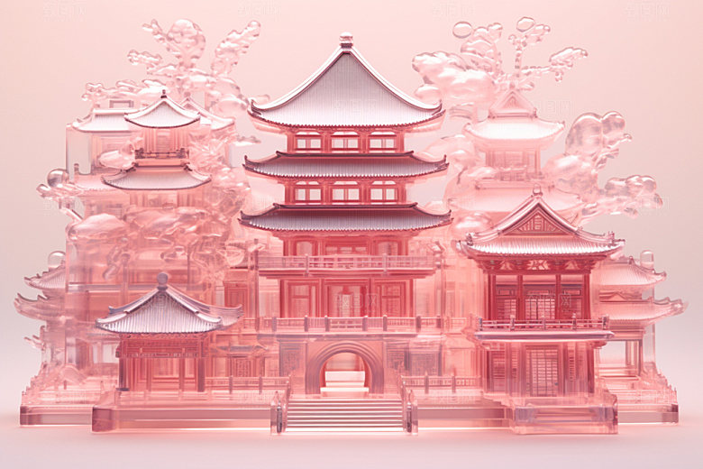 粉色玻璃建筑新中式时尚模型
