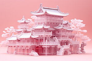 粉色玻璃建筑新中式唯美模型