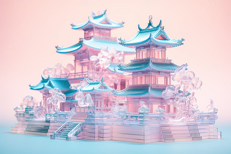 粉色玻璃建筑3D时尚模型