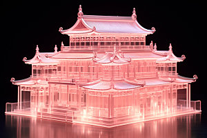 粉色玻璃建筑中式建筑立体模型